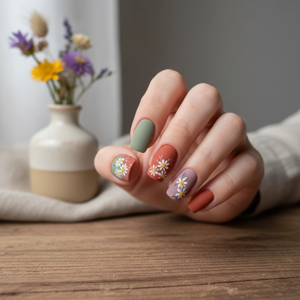 **The Mismatched Muted Matte Bouquet:** A close-up, high-detail photograph of a "mismatched" manicure where each nail features a different muted, earthy tone—sage green, dusty rose, and terracotta—all in a smooth matte finish. Each nail showcases a unique, small-scale daisy bouquet hand-painted in white. The hand is resting on a textured wooden surface, evoking a cozy, artisanal, and sophisticated springtime vibe., macro nail photography, high quality, Instagram-worthy, clean composition