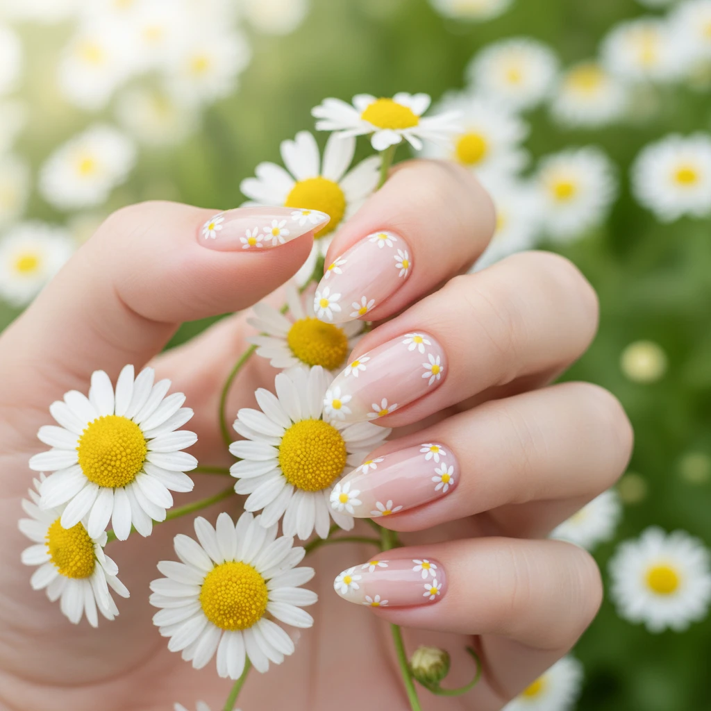 **The Negative Space Daisy Frame:** A high-resolution, artistic shot of nails with a clear, negative space base. Each nail is "framed" by tiny, crisp white daisy petals painted along the cuticle and nail edges, leaving the center of the nail transparent. The hand is lightly brushing against a cluster of fresh, real daisies, creating an ethereal, bright, and airy spring atmosphere., macro nail photography, high quality, Instagram-worthy, clean composition