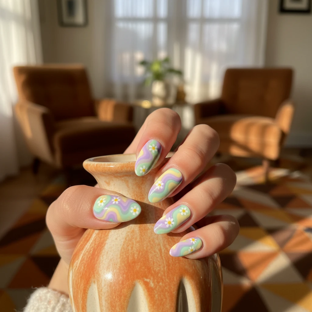 **The Retro 70s Pastel Swirls:** A close-up, sharp-focus photo of nails featuring vibrant 70s-inspired pastel swirls in lavender, mint, and butter yellow, punctuated by tiny, playful daisy decals scattered across the curves. The hand is holding a vintage ceramic flower vase, with a warm, sunny aesthetic and a retro-inspired blurred backdrop of a cozy living room., macro nail photography, high quality, Instagram-worthy, clean composition