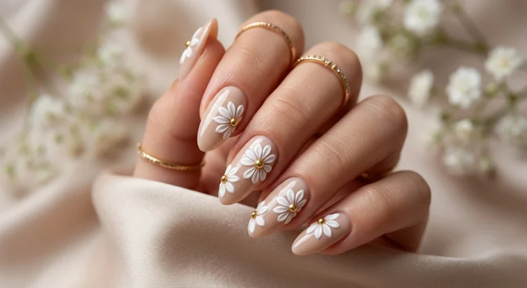 3d Daisy Nail Art on Beige Base With Gold Centers