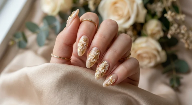3d Floral Nail Art in Beige Tones With Gold Touches