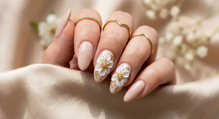 3d Flower Nail Art on Soft Beige With Gold Accents