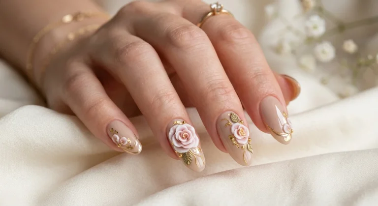 3d Rose Nail Art on Neutral Beige With Gold Details