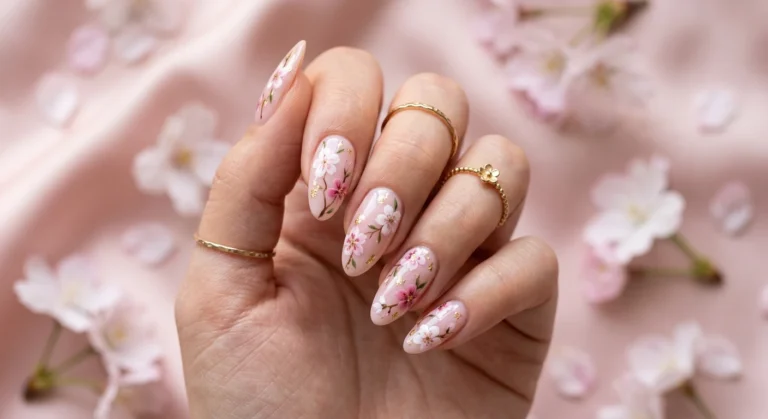 Aesthetic Nails Featuring Cherry Blossom Art