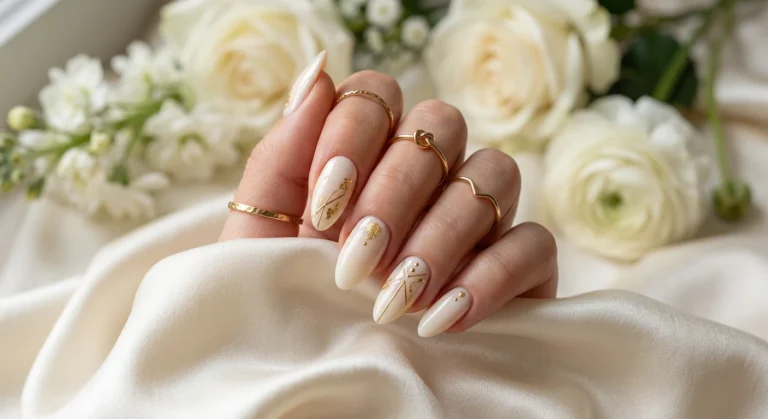 Aesthetic Nails in Creamy Ivory and Gold
