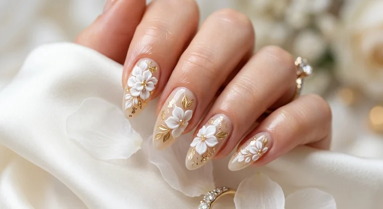Elegant Bridal Beige Nails With Gold and 3d Flowers