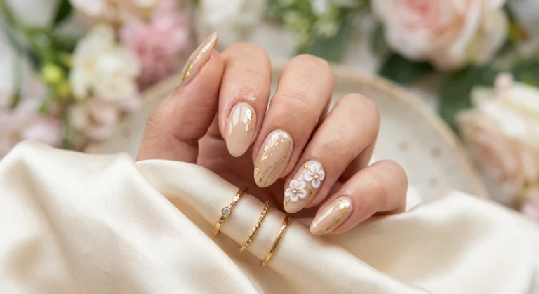 Elegant Beige and Gold Nail Art With Delicate 3d Flowers