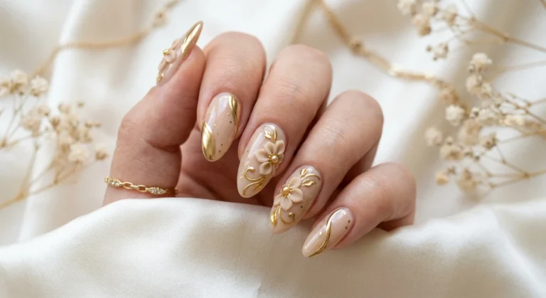 Gold Chrome Accents Paired With Beige 3d Flower Nails