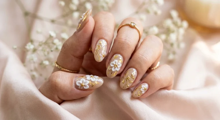 Gold Embellished Beige Nails With Handcrafted Flowers