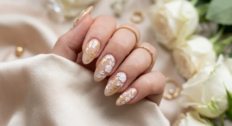 Gold Leaf and Raised Floral Nails for Elegant Evenings