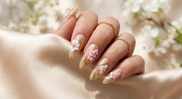 Gold Negative Space Nails With 3d Floral Embellishments
