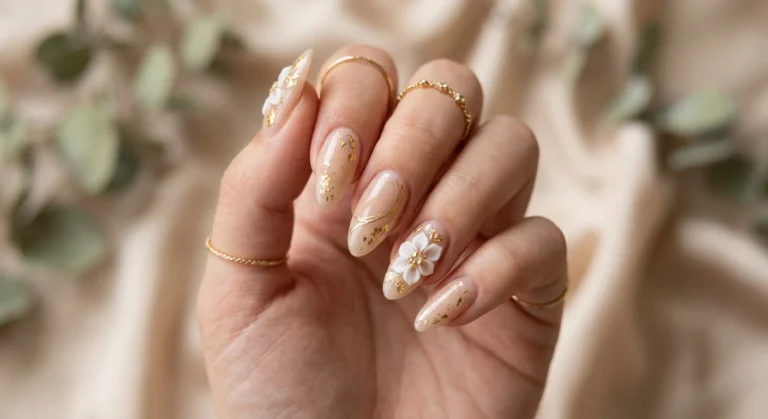 Minimalist Beige and Gold Nails Featuring 3d Flowers