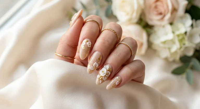 Beige Almond Nails Featuring Gold Leaves and 3d Flowers