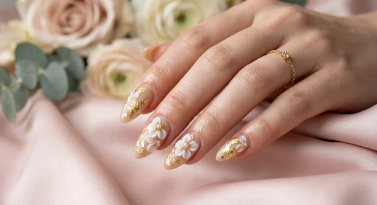 Beige Base Gold Foil and 3d Floral Nail Designs