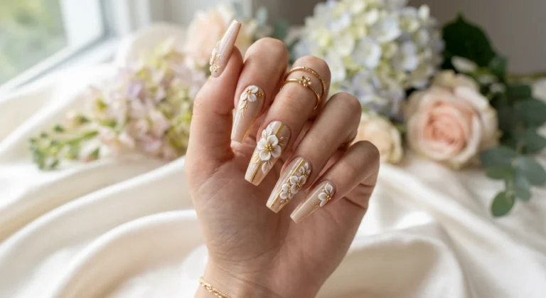 Beige Coffin Nails With Gold Stripes and 3d Blooms