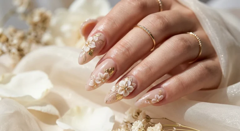 Beige Nails With Gold Details and Sculpted 3d Blooms