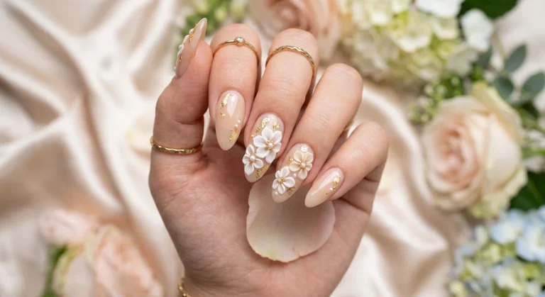 Pearl and Gold Accents on Beige 3d Floral Nail Designs