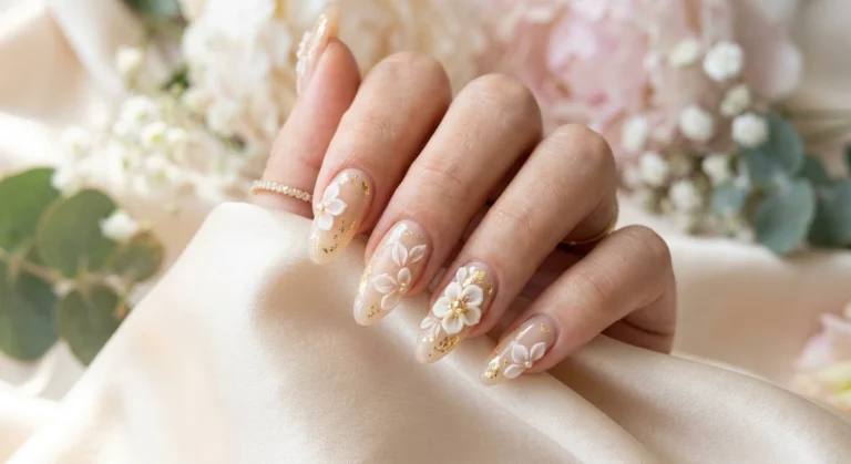 Raised Flower Nail Art on Sheer Beige With Gold Speckles