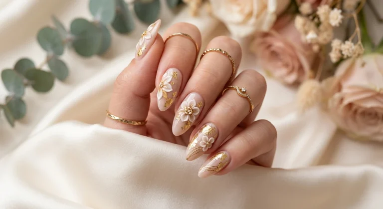 Romantic Beige and Gold Nail Art With Raised Flower Details