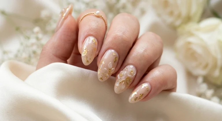 Soft Beige Gel Nails With Gold Foil and Sculpted Petals