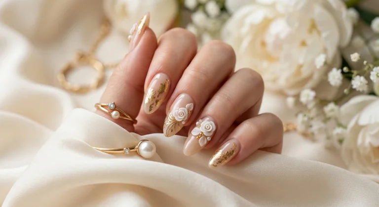 Sophisticated Beige and Gold Nail Designs With 3d Florals